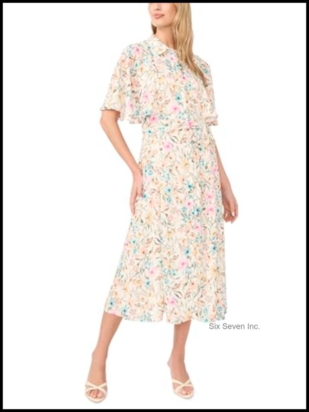 Flutter Sleeve Princess Seam Dress Below Knee Floral